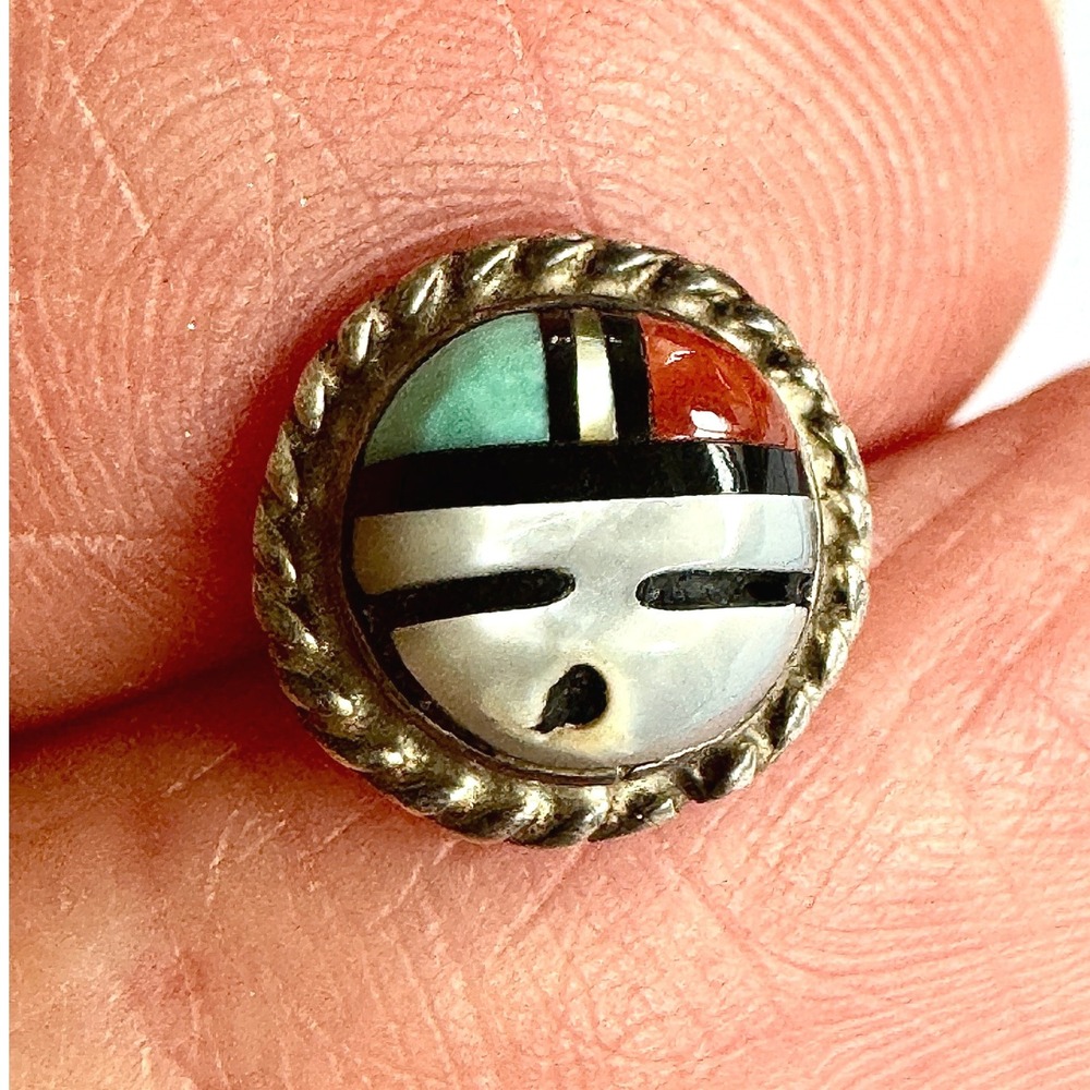 VTG Zuni Tie Tack Sunface Turquoise Coral Bandana Pin Inlay Sterling Native Amer